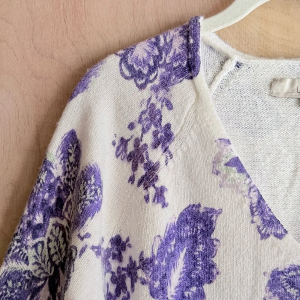 LOFT Floral V-Neck Sweater Purple Off-White Cotton Blend Long Sleeve Women’s Sm